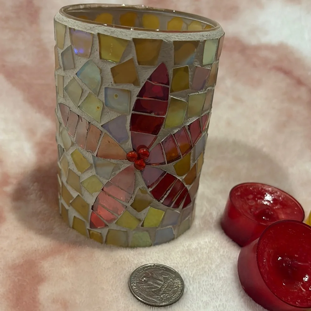 Crate & Barrel Stained Glass Pointsettia Mosaic Candle Holder w scented votifs R